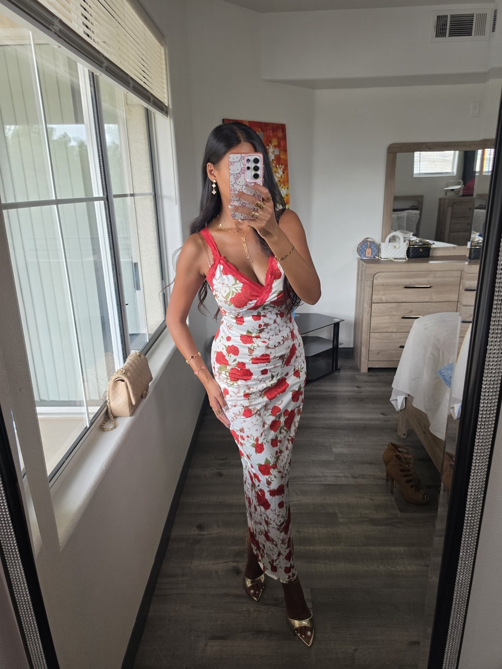 Red Floral Lace-Trim Maxi Dress for Women